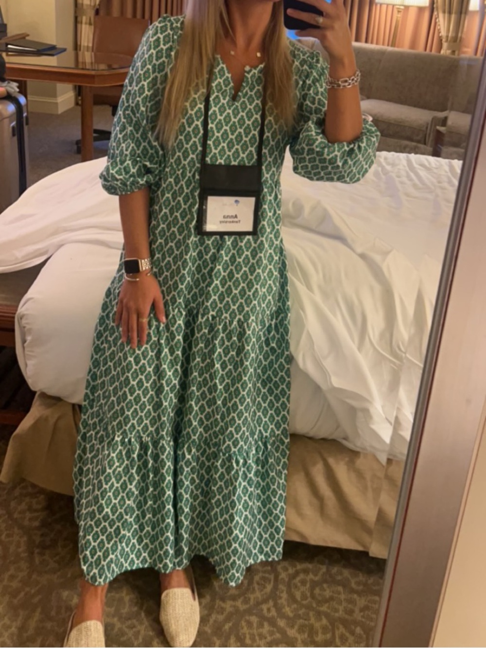 Green Printed Tiered Midi Dress